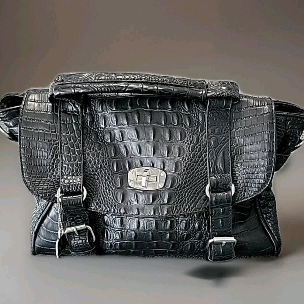 Point Zero Purse Turn Lock Faux Alligator Satchel Hand Bag Black